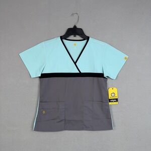 WonderWink Origins Scrub Top Womens Small Blue Gray Mock Wrap V Neck Pockets